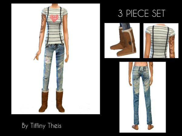  The Sims Resource: 3 Piece Set YAF stripes, boots and denim pants by Tiffybee