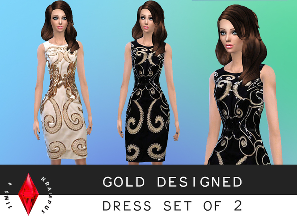  The Sims Resource: Set of 2 Gold Embellished Dresses by SIms4Krampus