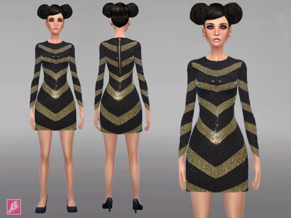  The Sims Resource: Black and Gold Long Sleeve Dress by Alexandra Sine