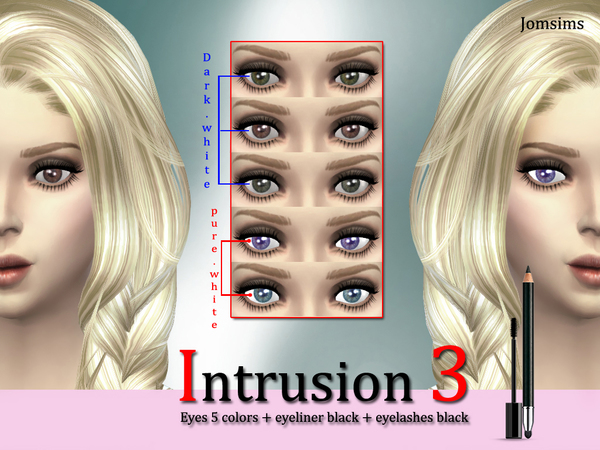  The Sims Resource: Intrusion 3 eyes 5 colors + eyeliner black + eyelashes black by JomSims