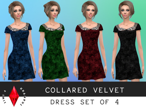  The Sims Resource: Set of 4 Collared Velvet Dresses by SIms4Krampus