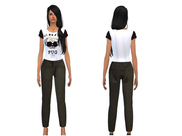  The Sims Resource: Dark green pants with chic pug shirt by Simsoertchen