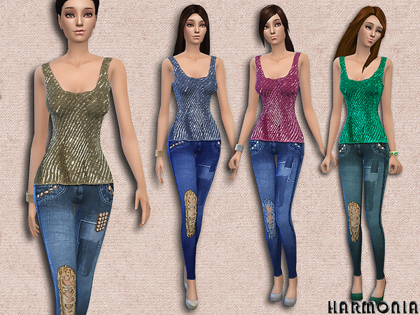  The Sims Resource: Sequin Detail Top / Jeans by Harmonia