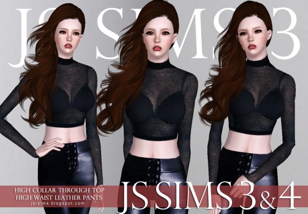 JS Sims 4: High Collar Through Top & High Waist Leather Pants • Sims 4 ...