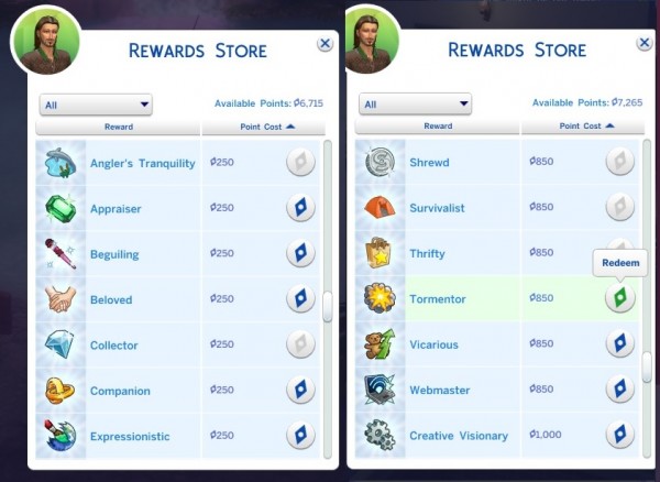  Mod The Sims: Aspiration Traits In Rewards Store by Shimrod101