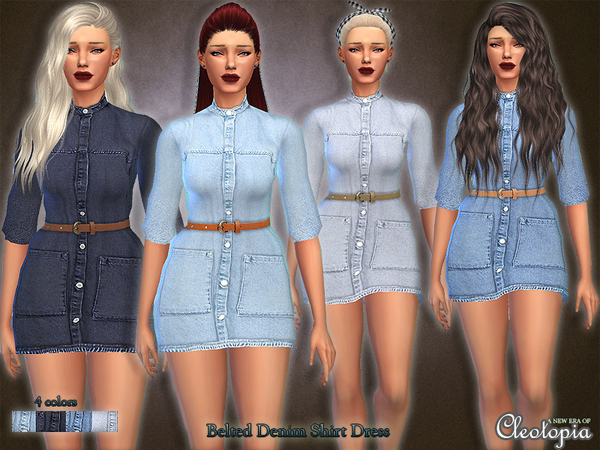  The Sims Resource: Set28  Belted Denim Shirt Dress by Cleotopia