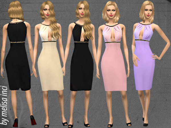  The Sims Resource: Crepe High Neck Chain Midi Dress by Melisa Inci