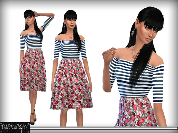  The Sims Resource: Striped Dress with Floral Bell Skirt by DarkNight