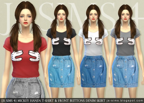 JS Sims 4: Mickey Hands T shirt & Front Buttons Denim Skirt
