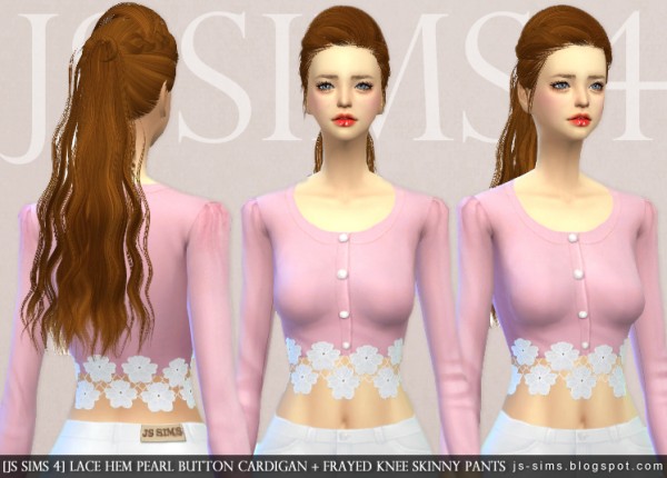  JS Sims 4: Lace Hem Pearl Button Cardigan + Frayed Knee Skinny Pants