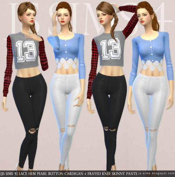  JS Sims 4: Lace Hem Pearl Button Cardigan + Frayed Knee Skinny Pants