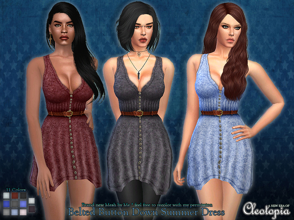  The Sims Resource: Set36  Belted Button Down Summer Dress by Cleotopia
