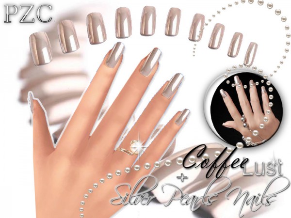  The Sims Resource: Coffee Lust and Silver Pearls Nails by Pinkzombiecupcake