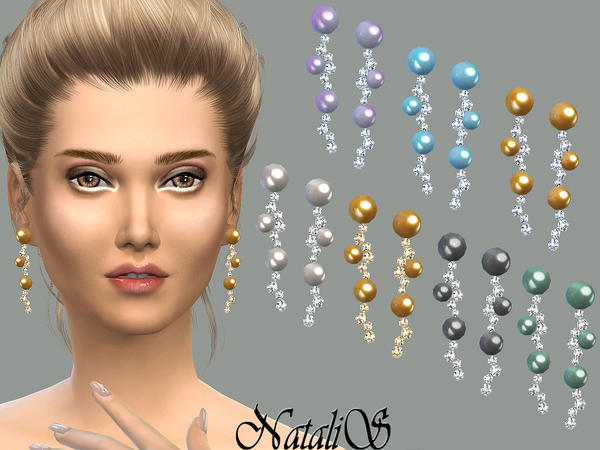  The Sims Resource: Long drop pearl and crystals earrings by NataliS