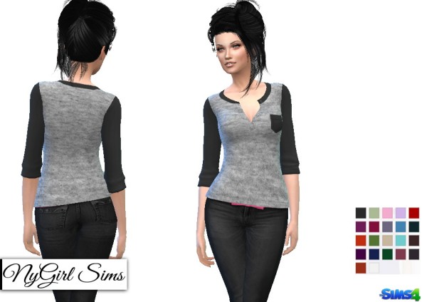  NY Girl Sims: Gray Jersey Knit Pocket Henley with Colored Sleeve and Collar