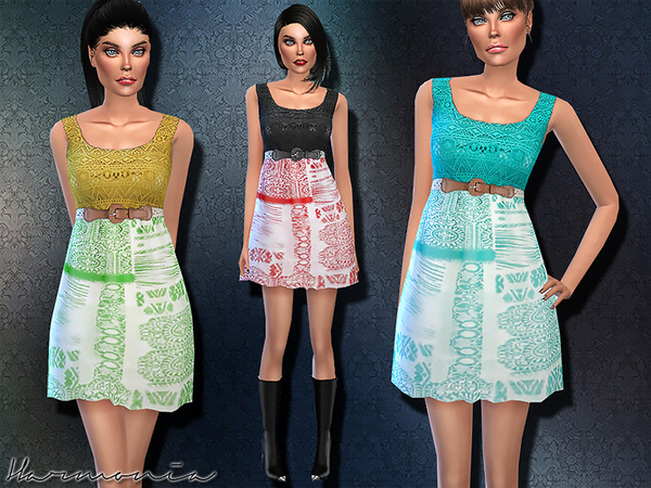  The Sims Resource: Lace Contrast Aztec Print Belted Dress by Harmonia