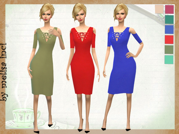  The Sims Resource: Lace Up Cold Shoulder Dress by melisa inci