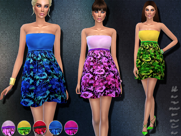  The Sims Resource: Strapless Fit and Flare Floral Dress by Harmonia