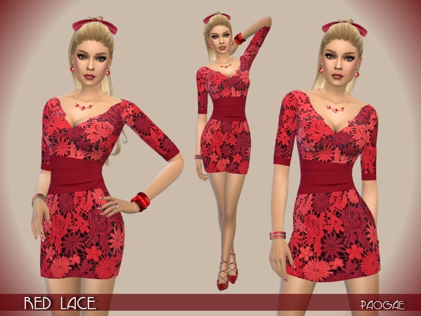  The Sims Resource: Red Lace dress by Paogae