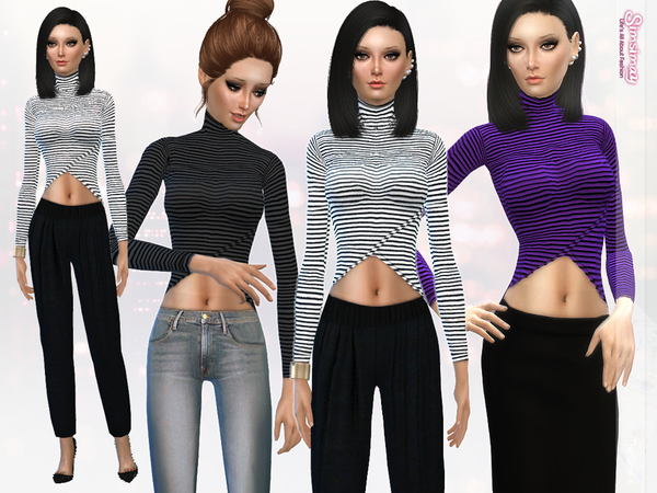  The Sims Resource: Tulip Front Stripped High   Low Crop Top