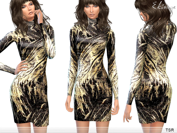  The Sims Resource: Gold Swirl Print Dress by ekinege
