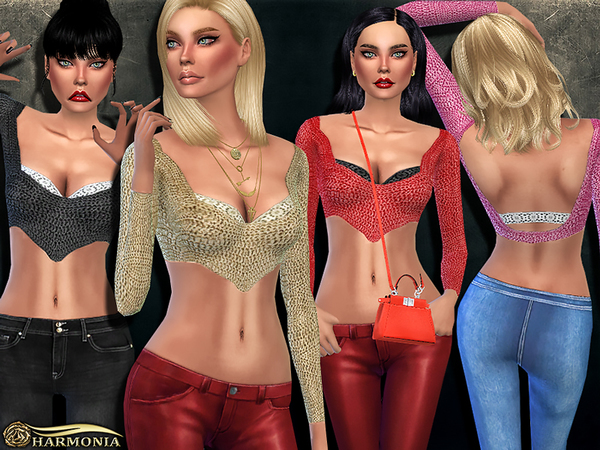  The Sims Resource: Crochet Top with Long Sleeves and Cropped Fit by Harmonia