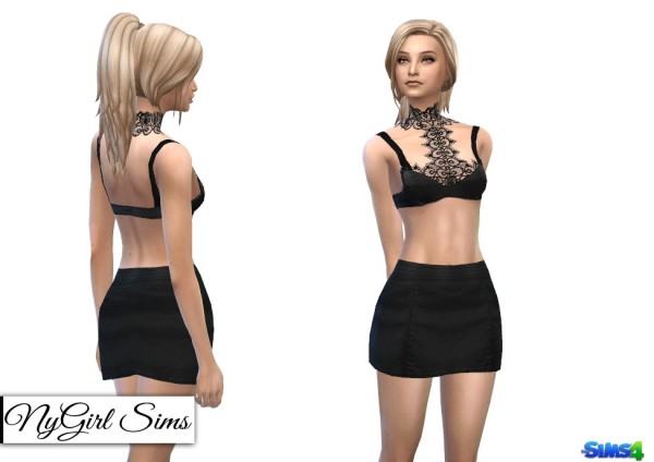  NY Girl Sims: Leather Lace Harness Bra andFaux Leather Mini Skirt