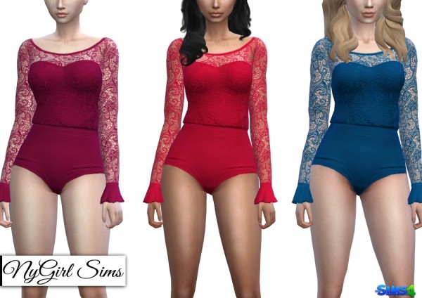  NY Girl Sims: Gathered Waist Lace Bodysuit with Ruffle Sleeves