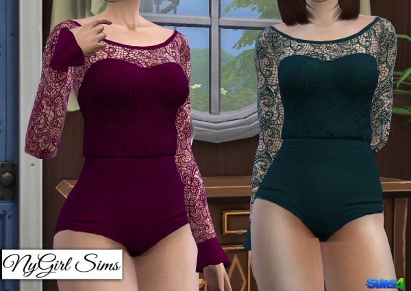  NY Girl Sims: Gathered Waist Lace Bodysuit with Ruffle Sleeves