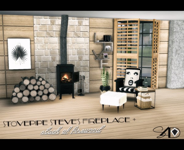  Sims 4 Designs: Aurora Skies Stovepipe Steves Fireplace and Stack of Firewood