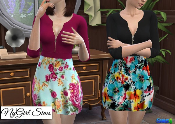  NY Girl Sims: Zippered V Neck Dress in Prints