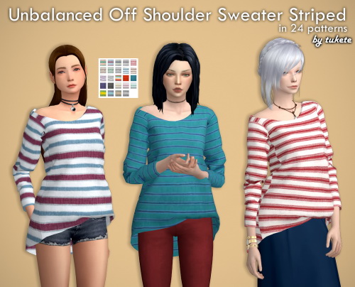  Tukete: Unbalanced Off Shoulder Striped Sweater