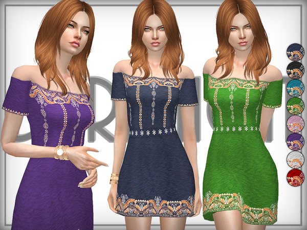  The Sims Resource: Off Shoulder Embroidered Cotton Dress by DarkNighTt