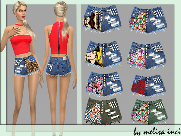  The Sims Resource: Aztec Panel Frayed Shorts by melisa inci
