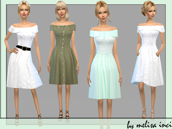  The Sims Resource: Frill Bardot Neck Midi Dress by Melisa Inci
