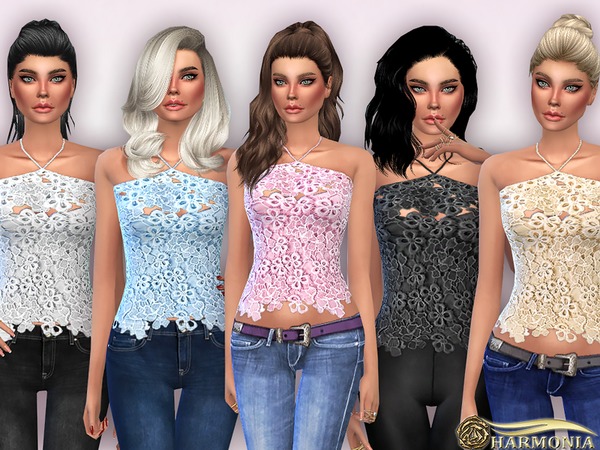  The Sims Resource: Embroidered Lace Front Crop Top by Harmonia