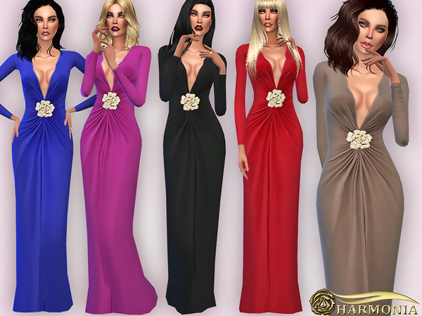  The Sims Resource: Diamante Floral Draped Maxi Dress by Harmonia
