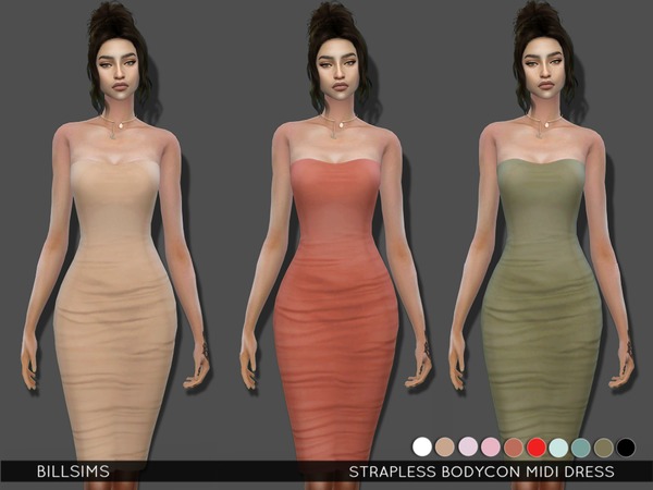  The Sims Resource: Strapless Bodycon Midi Dress by Bill Sims