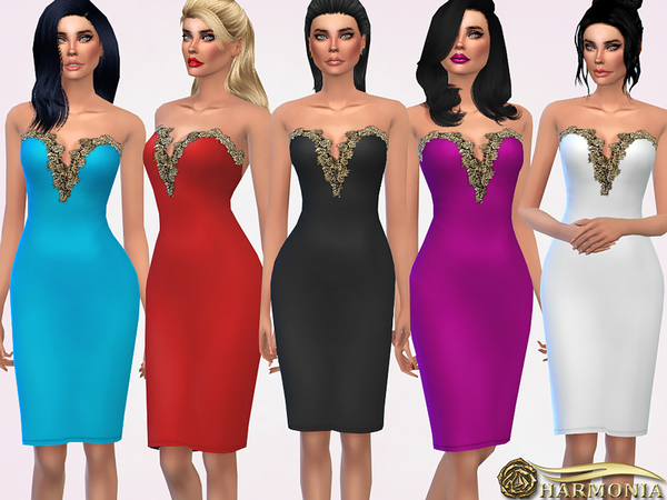  The Sims Resource: Gold Metallic Applique Midi Dress by Harmonia