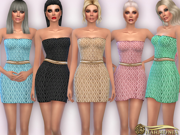  The Sims Resource: Variegated Lace Strapless Dress by Harmonia