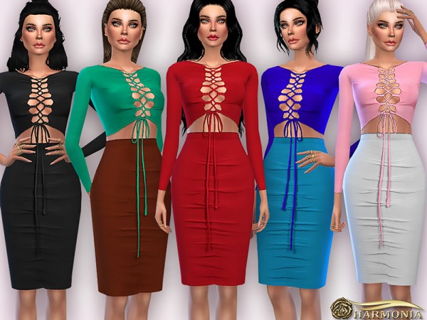  The Sims Resource: Lace up Top and Midi Skirt Two Piece Suit Dress by Harmonia