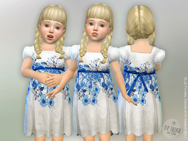 The Sims Resource: Blue Floral Dress with Ribbon Belt by lillka