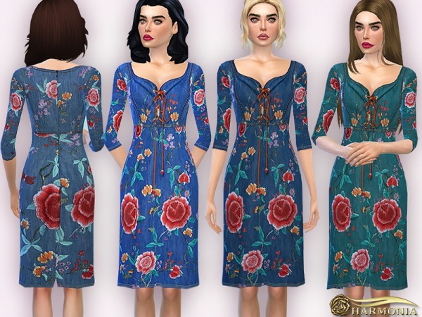  The Sims Resource: Western Inspired Embroidery Denim Dress by Harmonia