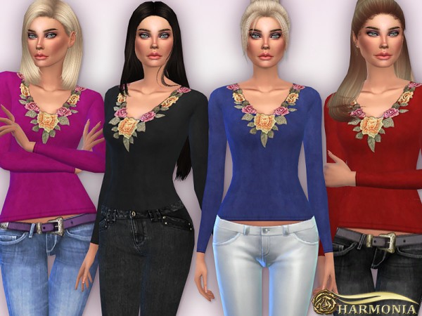  The Sims Resource: Embroidered Neck Suede Top by Harmonia
