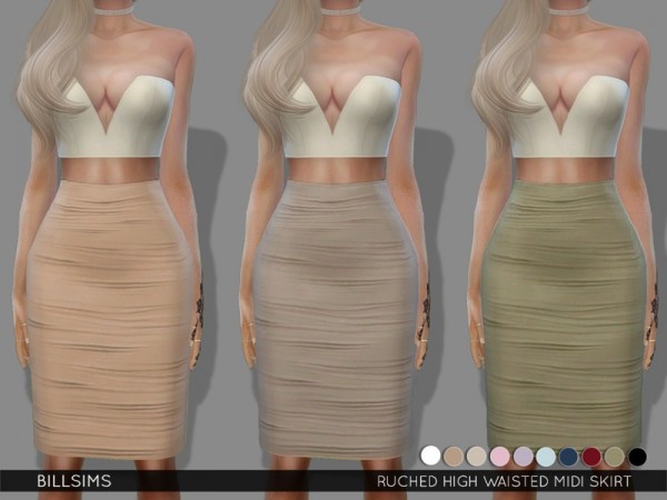  The Sims Resource: Ruched High Waisted Midi Skirt by BillSims