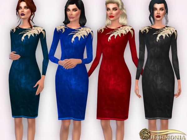  The Sims Resource: Gold Leaf Velvet Bodycon Dress by Harmonia