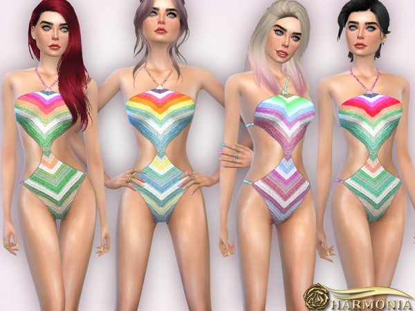  The Sims Resource: Prismatic striped Crochet Cut out Swimsuit by Harmonia