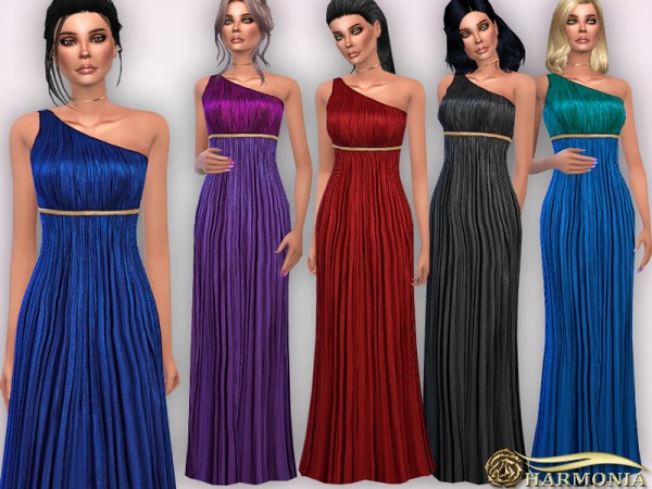  The Sims Resource: One Shoulder with Golden Belt Maxi Dress by Harmonia