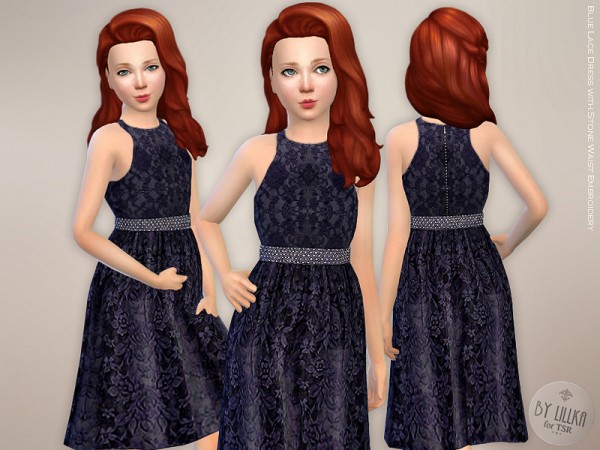  The Sims Resource: Blue Lace Dress with Stone Waist Embroidery by lillka