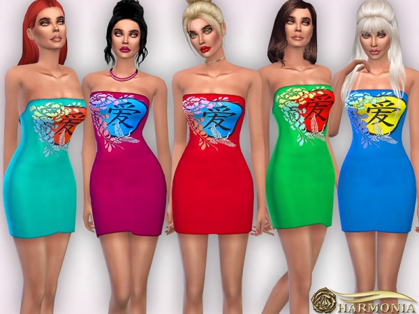  The Sims Resource: Oriental Print Bandeau Bodycon Dress by Harmonia
